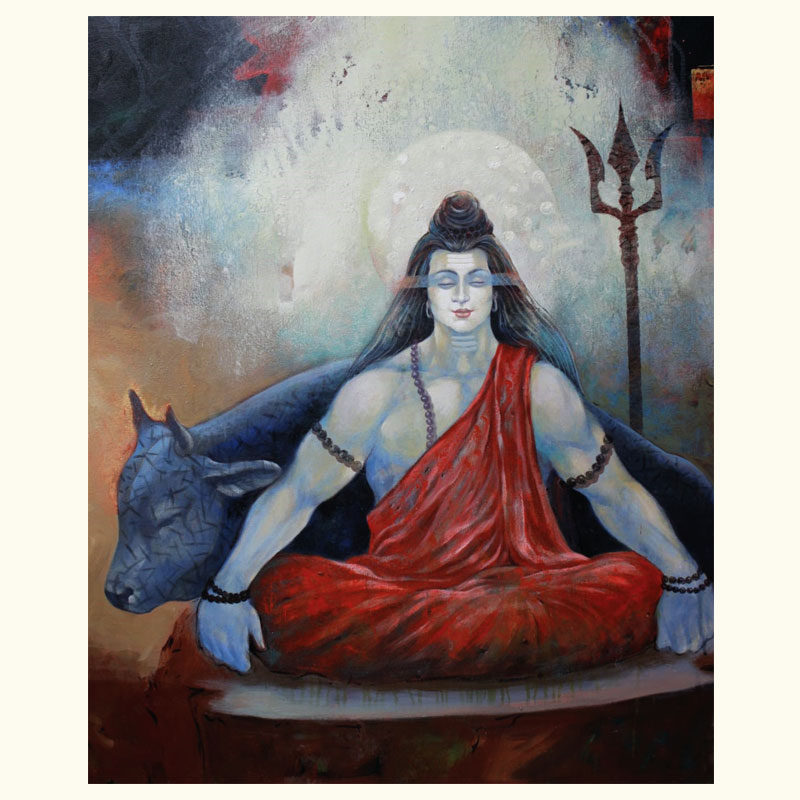 Original acrylic painting Mahadeva’s Moonlit Silence by Ashish Mondal, handmade 36x42 inch canvas art of meditation under moonlight.