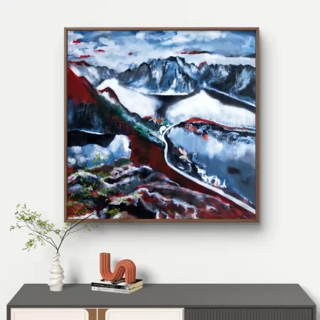Snow Mountain Ridge acrylic painting of snowy mountains and red rocky terrain