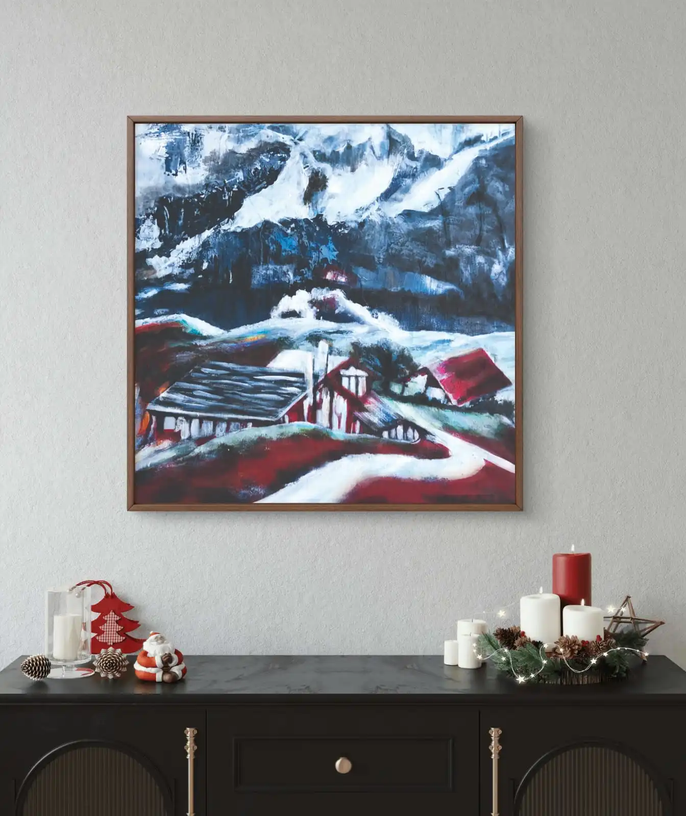 Snow Mountain Village acrylic painting of snowy mountains and village cabins