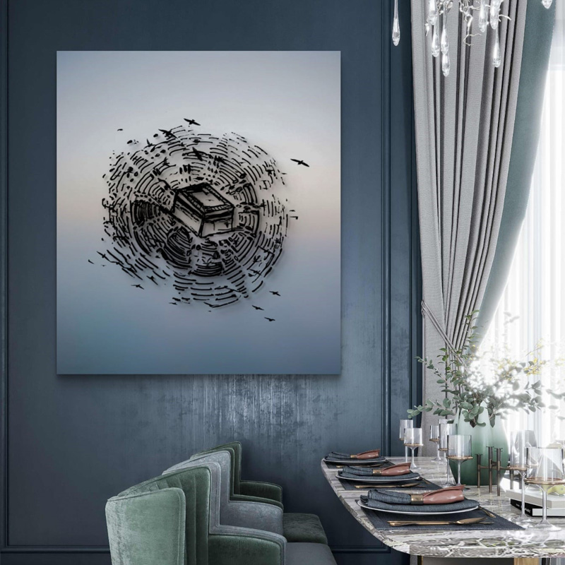 Tawaf Fine Art Print by Sabiha Hasan Sumbul featuring Kaaba with humans and birds circling in ritual harmony.