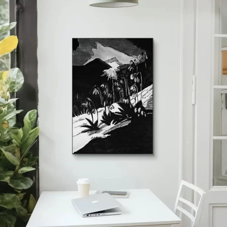 Monochrome Hilltop Bloom Sketch pen and charcoal artwork showing flowers on hillside