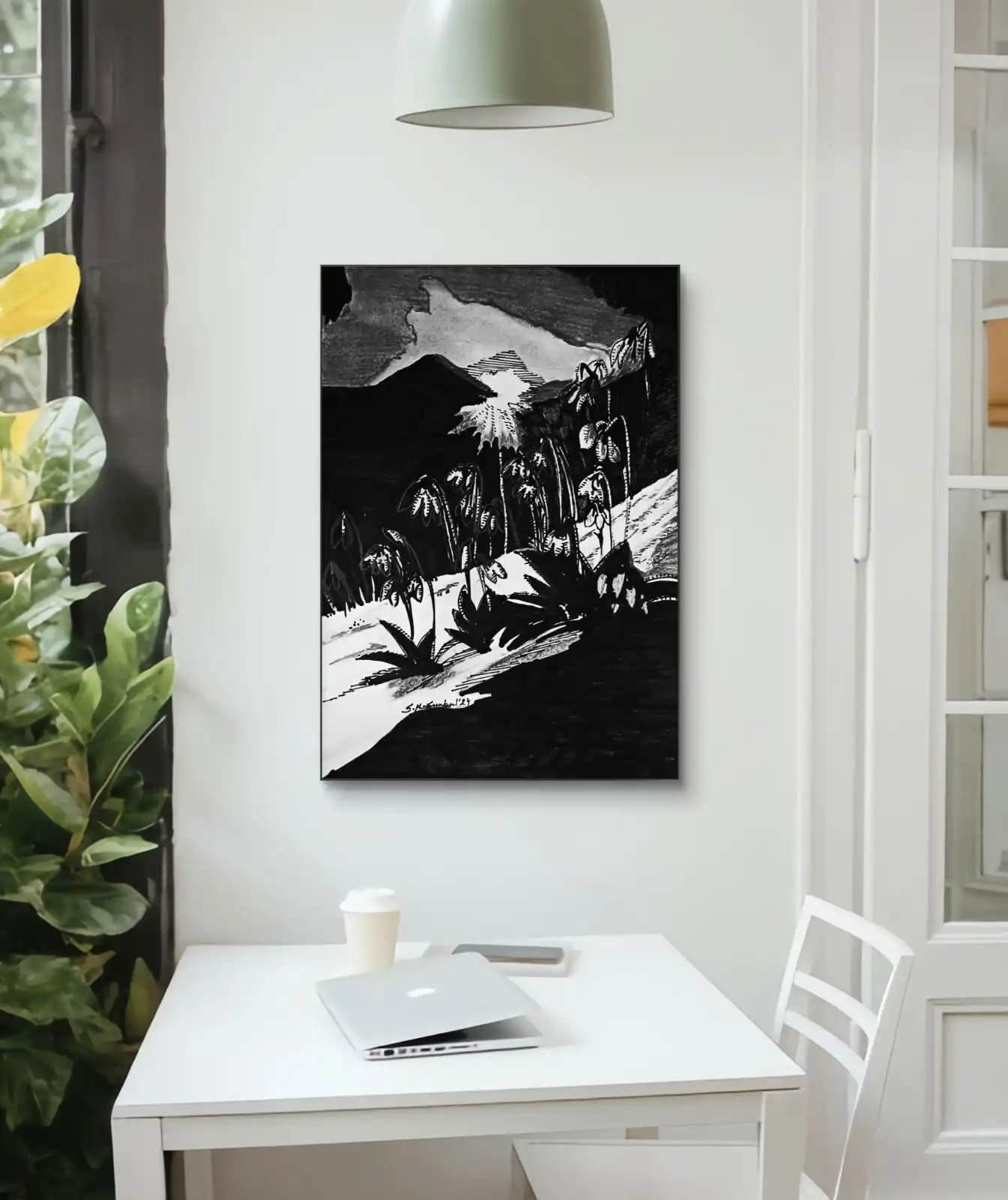 Monochrome Hilltop Bloom Sketch pen and charcoal artwork showing flowers on hillside