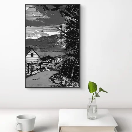 Charcoal Mountain Cottage Sketch pen and charcoal artwork showing cottage, road, and mountains