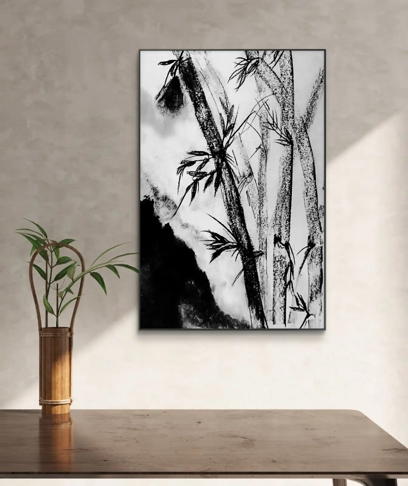 Bamboo Mist Charcoal Sketch pen and charcoal artwork showing bamboo in soft mist