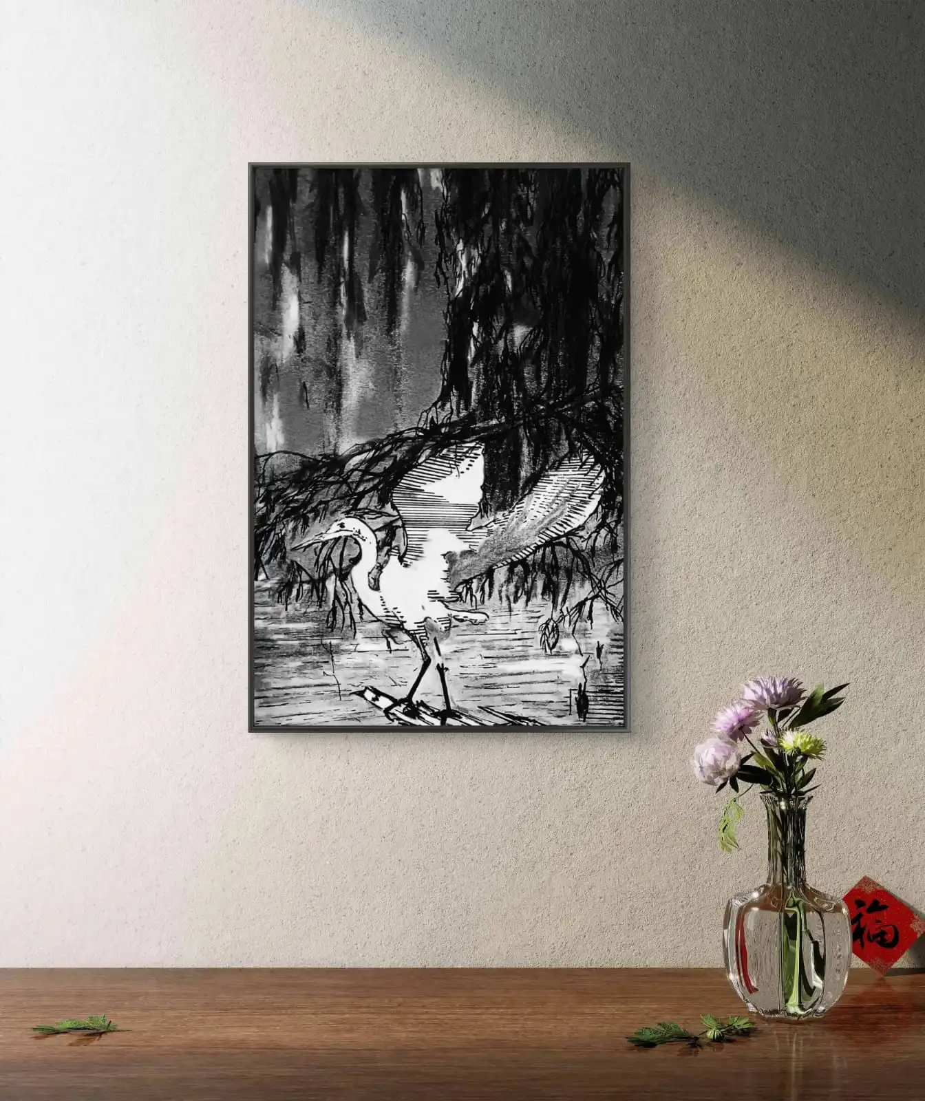 Heron standing in shallow water under hanging willow branches charcoal sketch