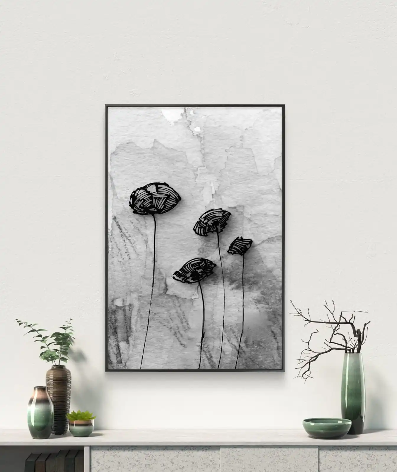 Minimal poppy bloom sketch monochrome floral line artwork by Sabiha Hasan Sumbul