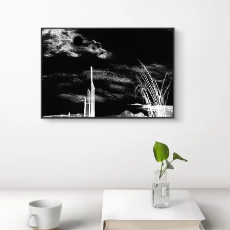 Monochrome night landscape charcoal sketch with dramatic dark sky and tall grasses