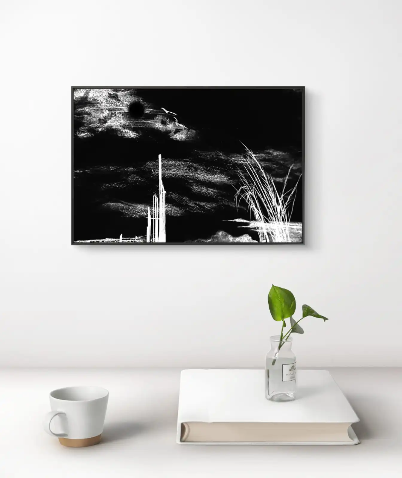 Monochrome night landscape charcoal sketch with dramatic dark sky and tall grasses