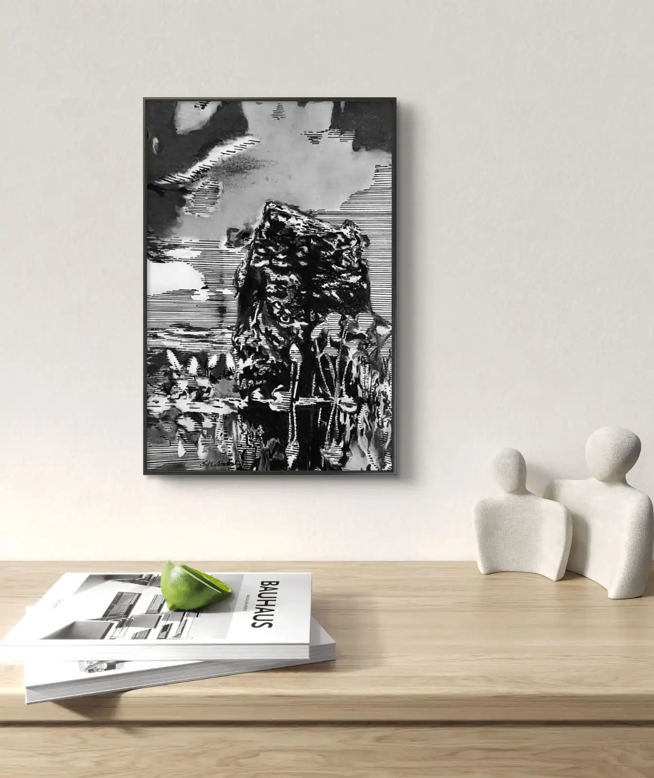 Still Stone Gentle Buds charcoal landscape artwork showing large stone in water with floating flower buds